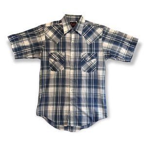 Plains Western Wear Mens Blue Plaid Pearl Snap Button Up Shirt Sz S Cowboy Rodeo